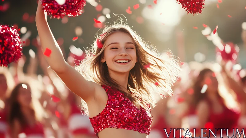 Young cheerleader performs outdoors in bright sunlight conditions