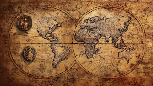 Vintage double-hemisphere world map with sepia patina.