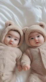 Adorable Twin Babies in Cozy Bear Hoodies