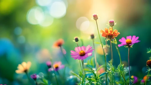 Colorful wildflowers under soft morning backlight.