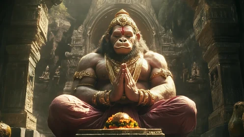 Divine simian guardian meditates in sunlit golden shrine.