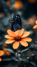 Butterfly rests on glowing orange flower in dreamy bokeh garden