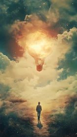 Celestial filament pathway under oversized luminous bulb skyway.