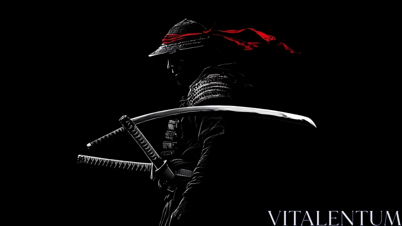 Samurai warrior silhouette holds drawn katana in darkness