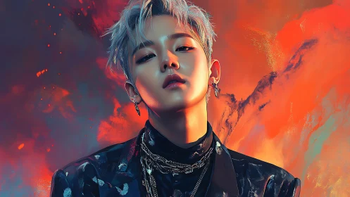 Digital portrait of androgynous figure with vivid backdrop.