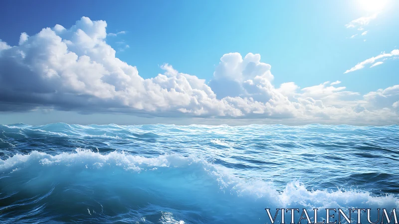 Sunlit ocean waves roll under towering cumulus clouds