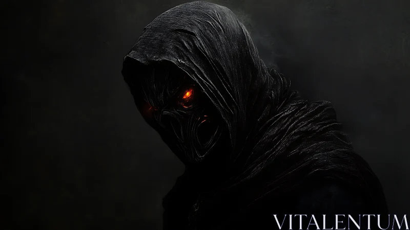 Hooded shadow with ember eyes in a deep midnight hush.