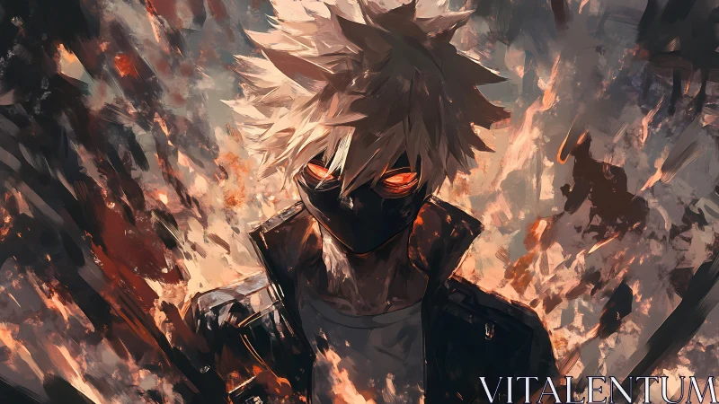 Masked antihero stands amid swirling flames and chaos.