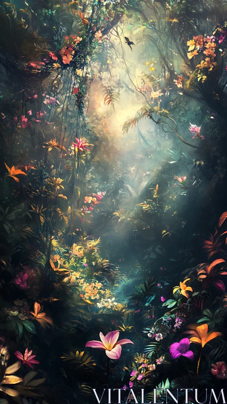 Sunlit jungle blossoms whisper upward through painted mist