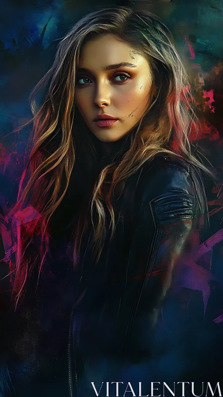 Digital portrait of young woman in dark jacket, color field.
