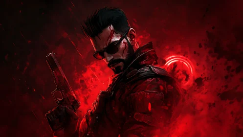 Ballistic antihero in crimson particulate bloom field.