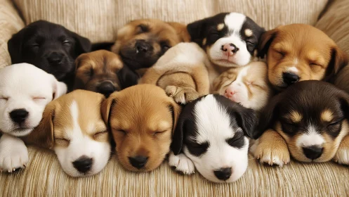 Symmetrical row of sleeping puppies with soft frontal lighting
