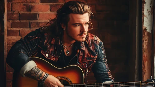 Cinematic portrait of tattooed guitarist in warm brick interior