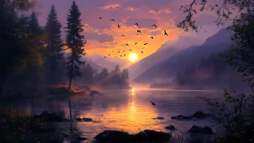 Soft sunrise over misty lake and mountains in quiet glow.