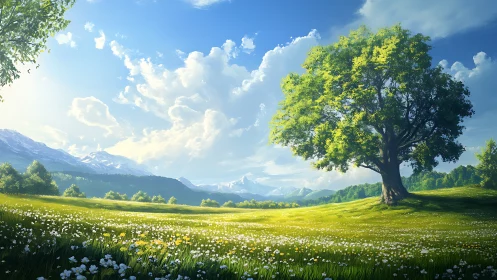 Sunlit giant tree guarding a wildflower-drenched valley meadow.