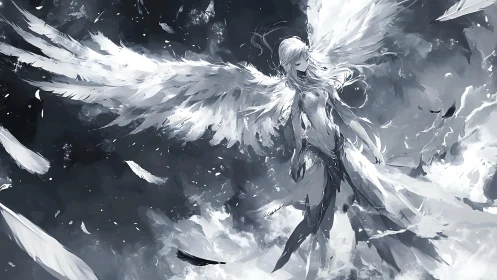 Monochrome winged angelic warrior in storm of feathers.