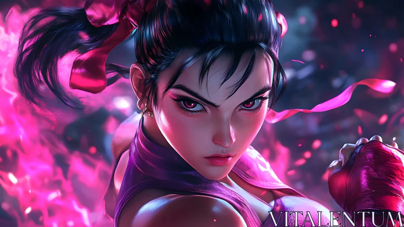 Martial artist woman channels intense pink energy in combat