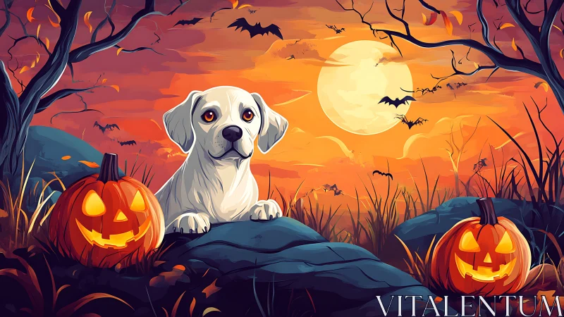 Gentle white puppy enjoys a glowing Halloween moonrise