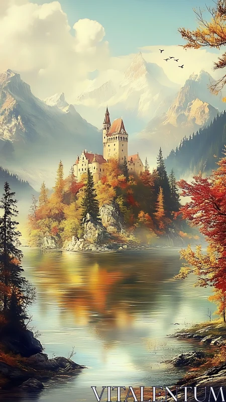 Autumnal alpine lake fortress under stratified mountain haze.