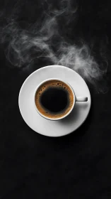 Steaming black coffee rests in white porcelain cup overhead