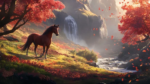 Digital painting of horse in autumnal valley with waterfall focus.