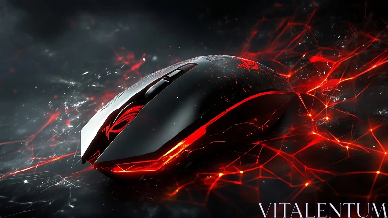 Gaming mouse with red LED accents on dark abstract surface.
