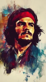 Portrait of a man in red headband with abstract strokes.