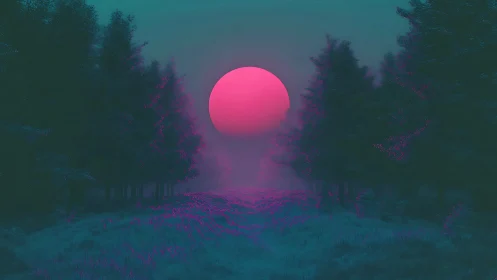 Neon moonrise over a dreamlike forest path at dusk.