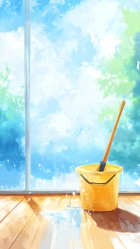 Sunlit yellow cleaning bucket rests beside bright window.