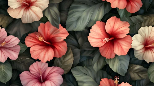 Hibiscus Blooms in Coral and Rose Tones.