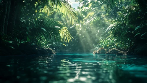 Tropical waterway channel through dense jungle canopy with luminous water surface