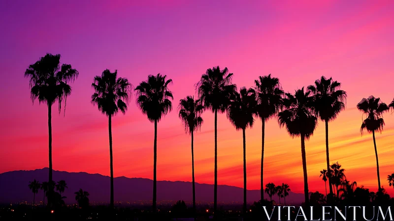 Vertically aligned palm silhouettes against high-saturation gradient sunset