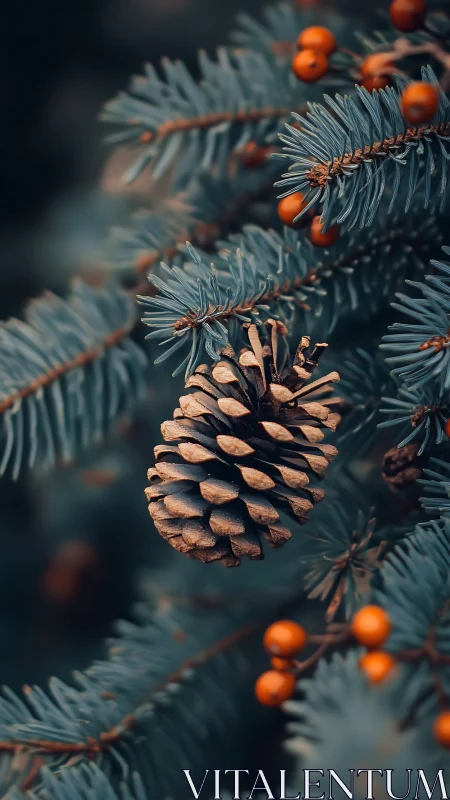 Winter pinecone nestled among blue spruce and berries.