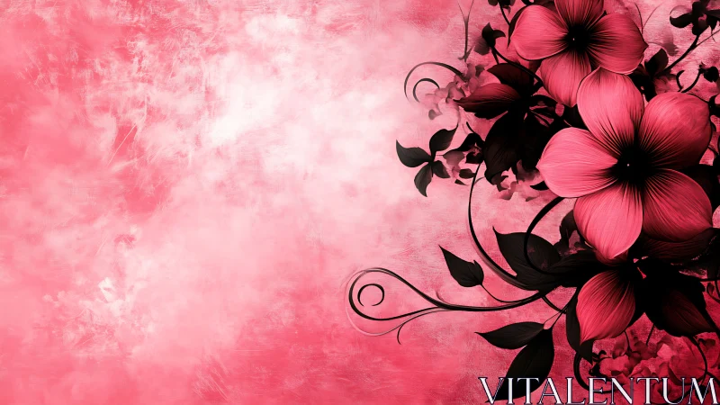 Digital Floral Composition with Silhouetted Blooms and Ornamental Vine Scrollwork