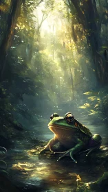 Gentle frog under sunlit forest canopy, quietly daydreaming.