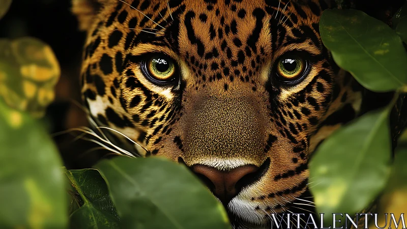 Jungle-eyed jaguar gazing softly through lush green leaves.