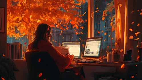 Person working at dual monitors near window with autumn tree.