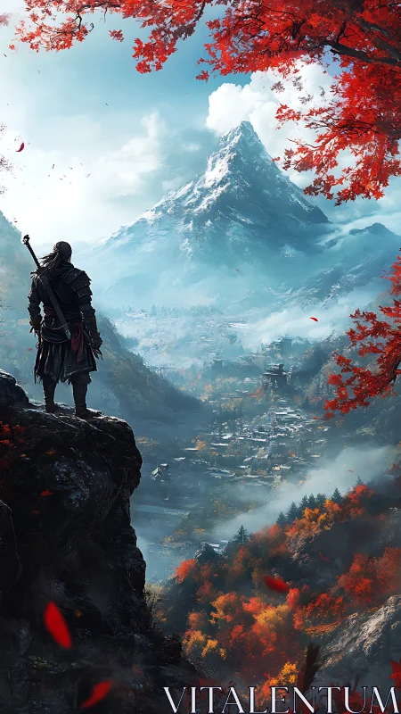 Digital painting of lone warrior surveying misty mountain valley.