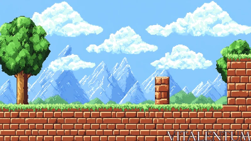 Pixel platformer landscape with brick terrain and peaks