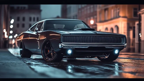 Black muscle car parked on wet city street at night.