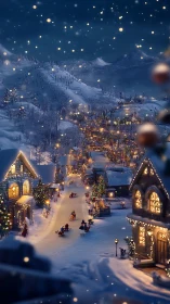 Snow-kissed Christmas village glowing under starlit hush.