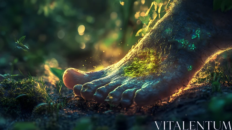 Giant glowing foot in forest floor with bioluminescent moss.