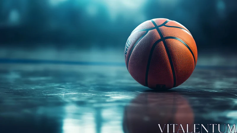Basketball resting on polished indoor court under lights.