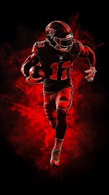 Digital painting of red-highlighted running football player on black