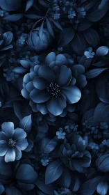 Blue floral composition with layered blooms and botanical leaves.