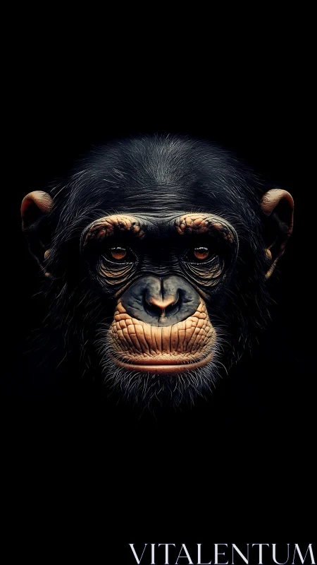 Gentle chimpanzee portrait glowing against deep black.