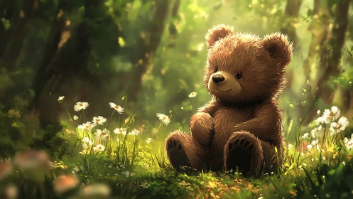 Soft plush bear in luminous forest meadow environment.