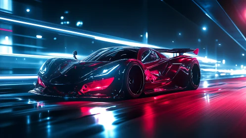 Cyberpunk hypercar in neon-laced nocturnal motion study.