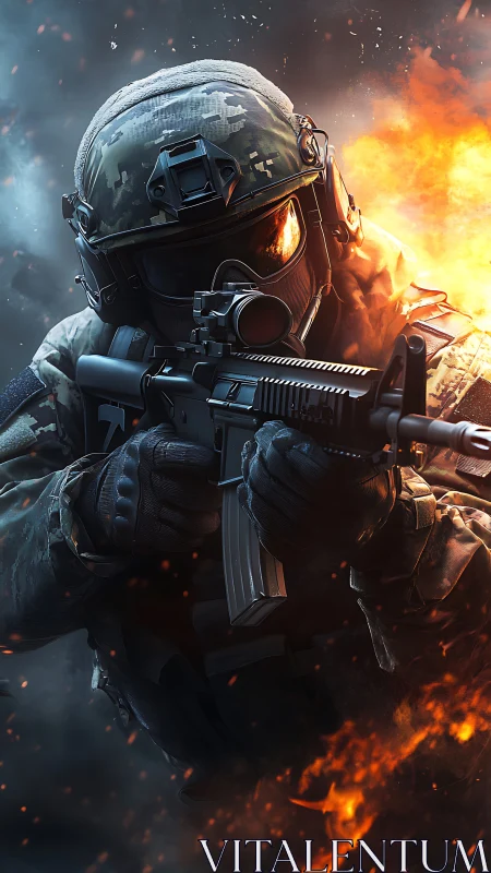 Armored tactical soldier aims rifle amid asymmetric fire blast