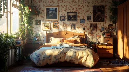 Sunlit botanical bedroom sanctuary with cozy unmade bed.